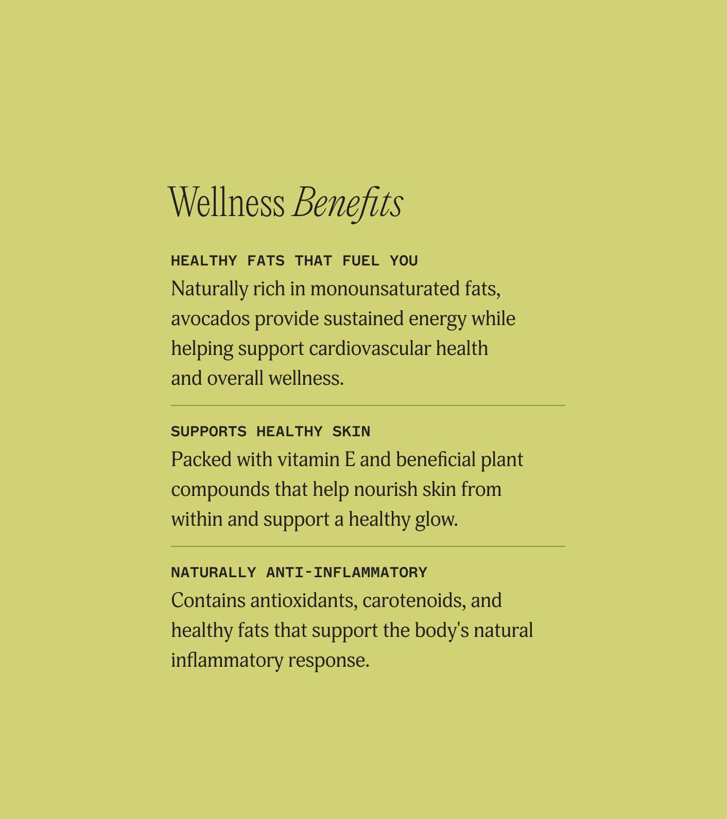 Text detailing the wellness benefits of avocados on a green background