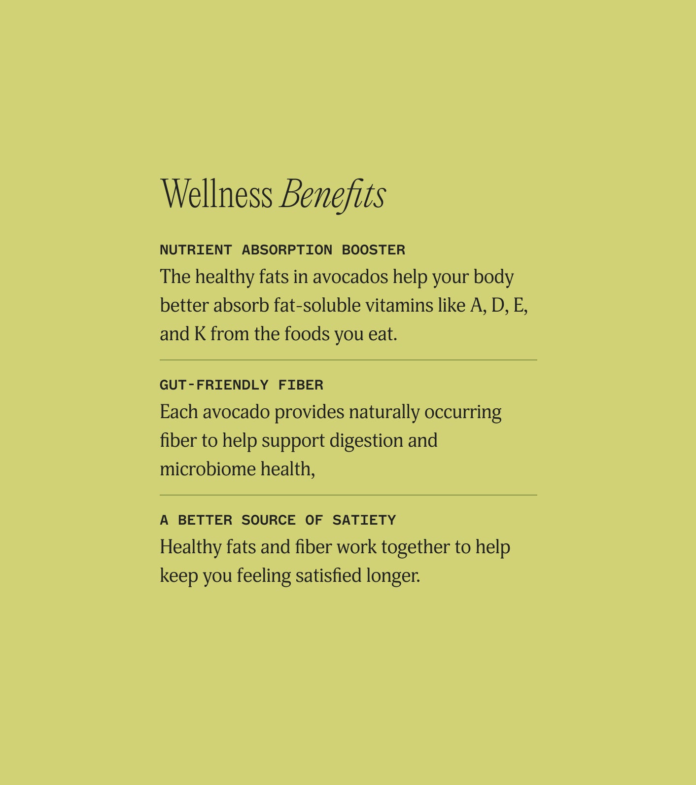 Text detailing wellness benefits of avocados on a green background