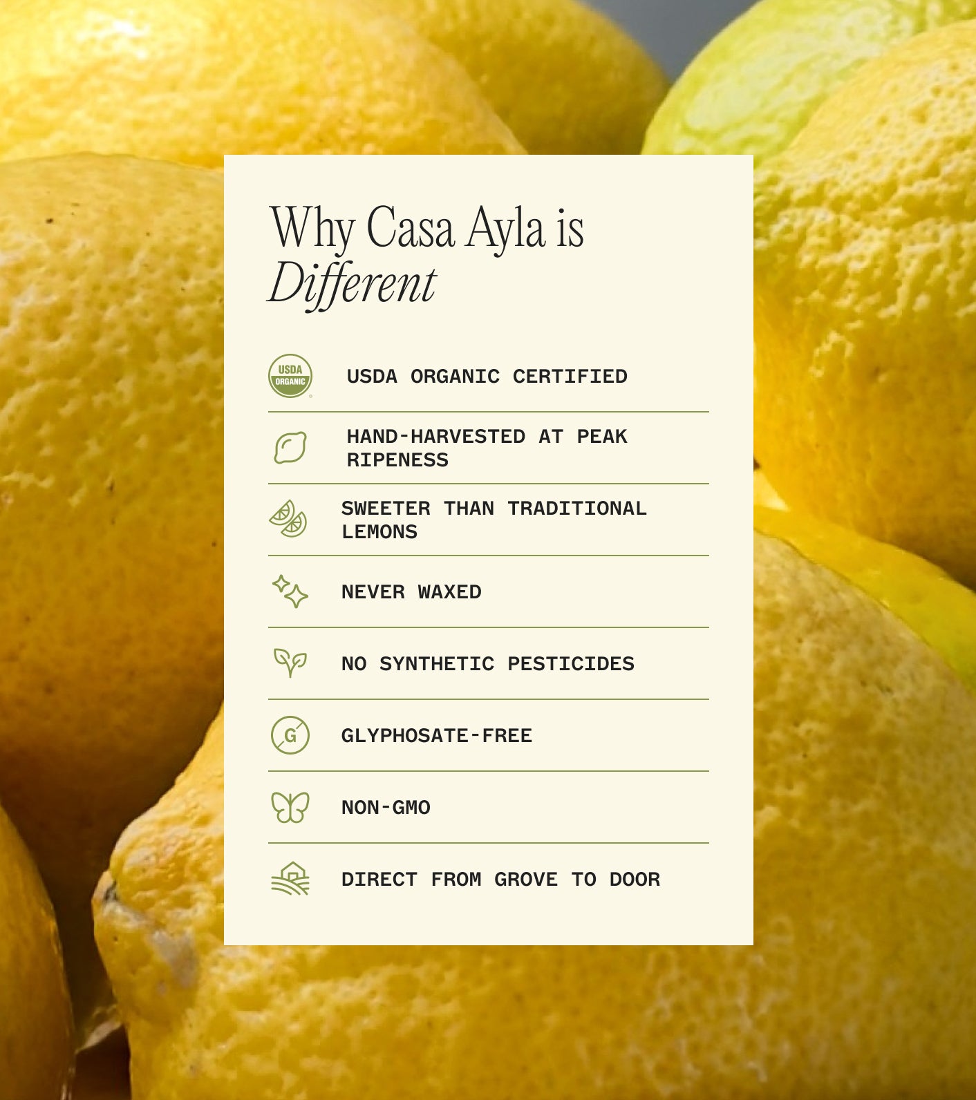 Casa Ayla lemons with a label detailing their certification and characteristics.