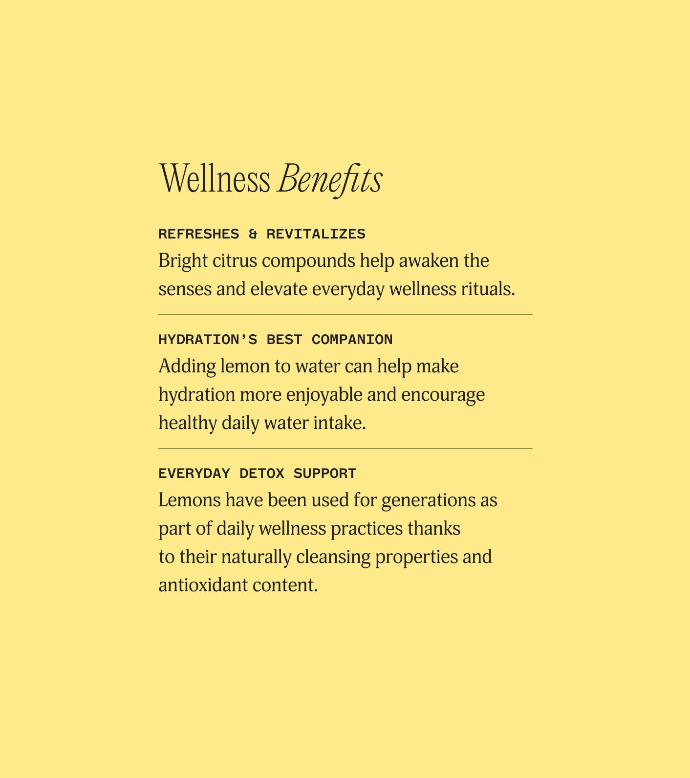Text on a yellow background listing wellness benefits of lemons.